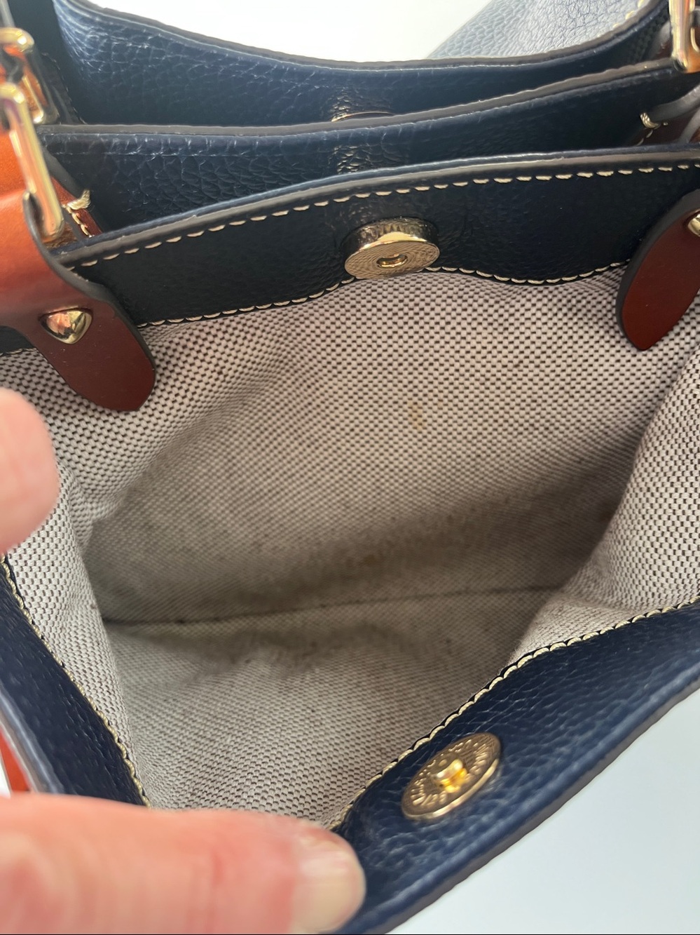 Dooney & Bourke Navy Pebbled Leather Shoulder Bag with Brown Trim - Picture 5 of 16